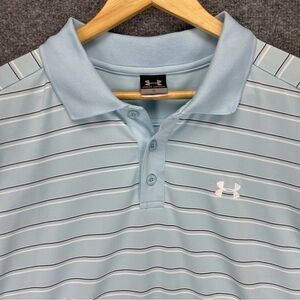 Under Armour Polo Shirt Mens XL Light Blue Striped Stretch Golf Performance EXC
